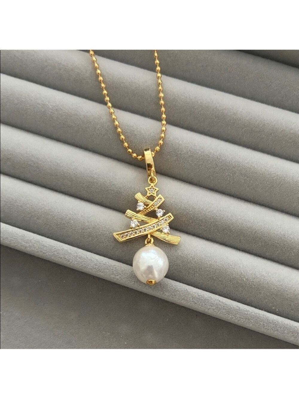 Gold-Plated Christmas Tree Pendant Necklace with Pearls| gold pendant necklace